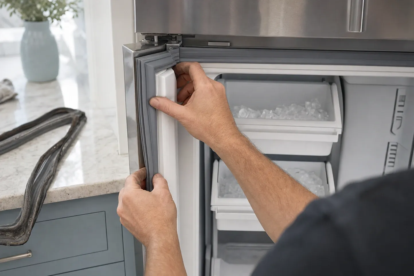 Hands pressing a new door gasket into the freezer side of a stainless built-in, ice bins visible inside