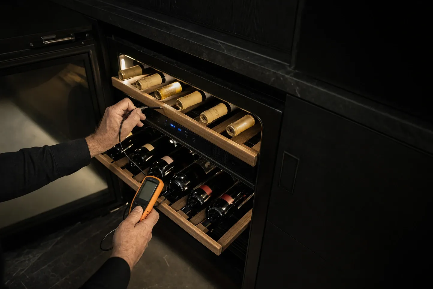 Digital thermometer probe held at the pulled-out shelf of an undercounter wine cabinet, bottles on wooden racks